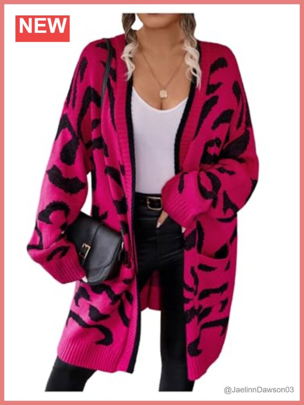 Plus Size Cheetah Print Long Cardigan Open Front Knit Sweater with Pockets
